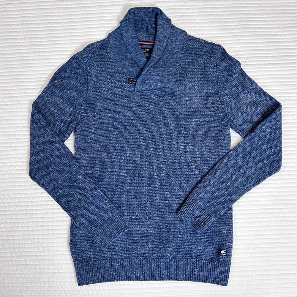 Jack and Jones Men's Blue Shawl Collar Turtleneck Sweater